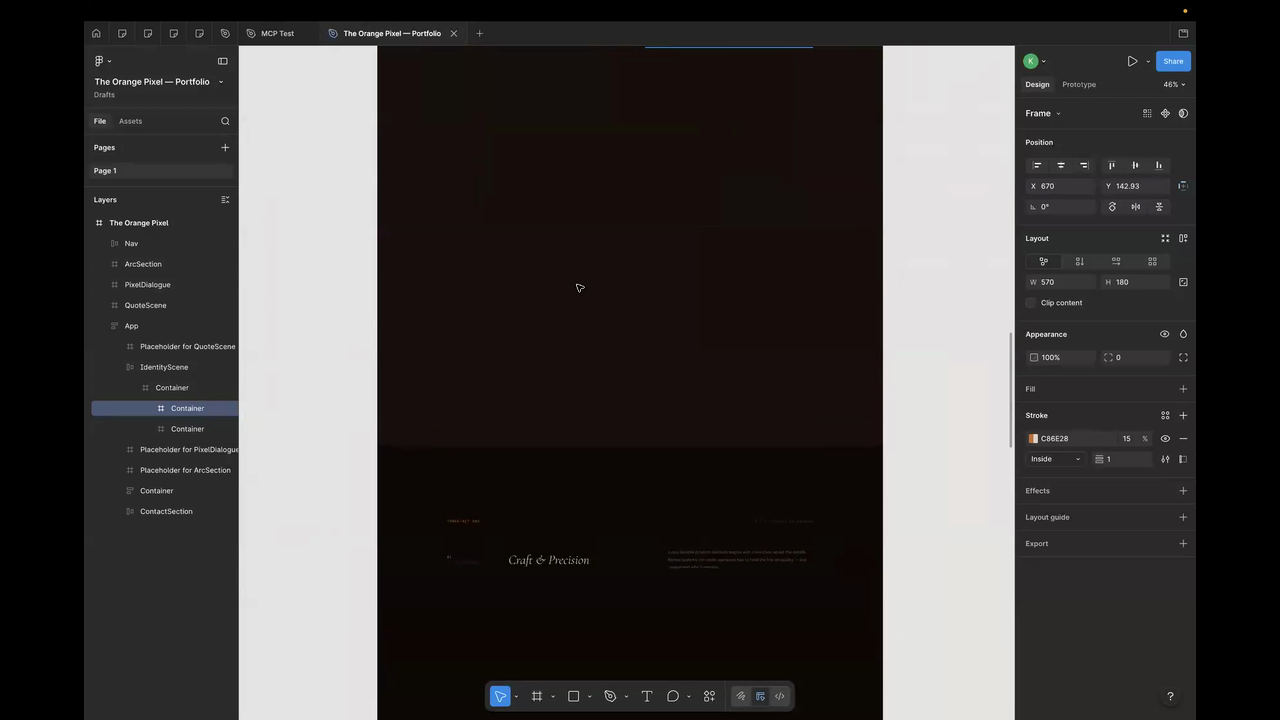 Same portfolio in Figma — most of the motion-heavy sections are missing.