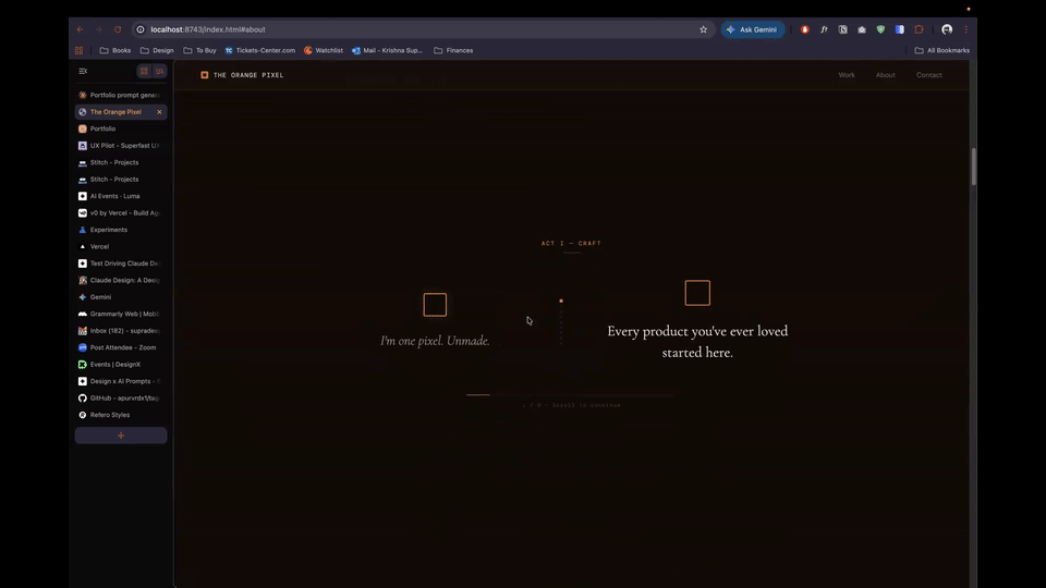 The Orange Pixel — Krishna's three-act portfolio with motion.